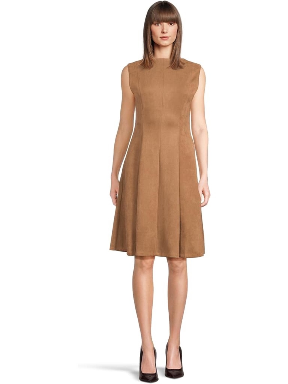 Calvin Klein Sleeveless Faux Suede Midi Dress in Camel Brown